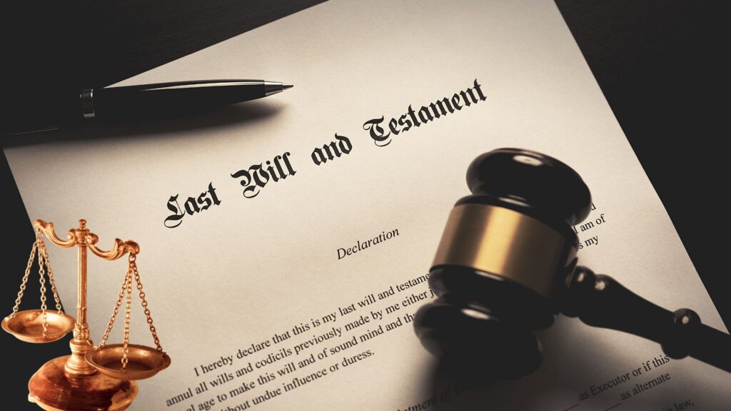 Last will and testament with gavel and justice scales